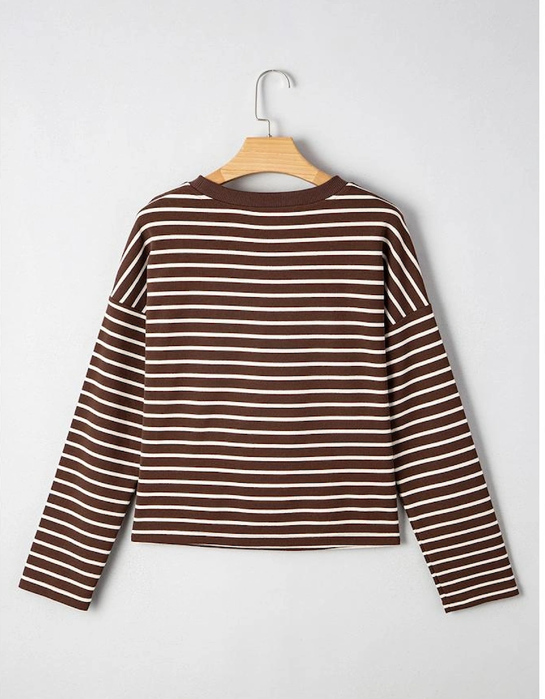 Brown Stripe Ribbed Cropped Crew Neck Long Sleeve T Shirt