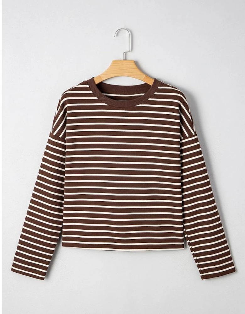 Brown Stripe Ribbed Cropped Crew Neck Long Sleeve T Shirt