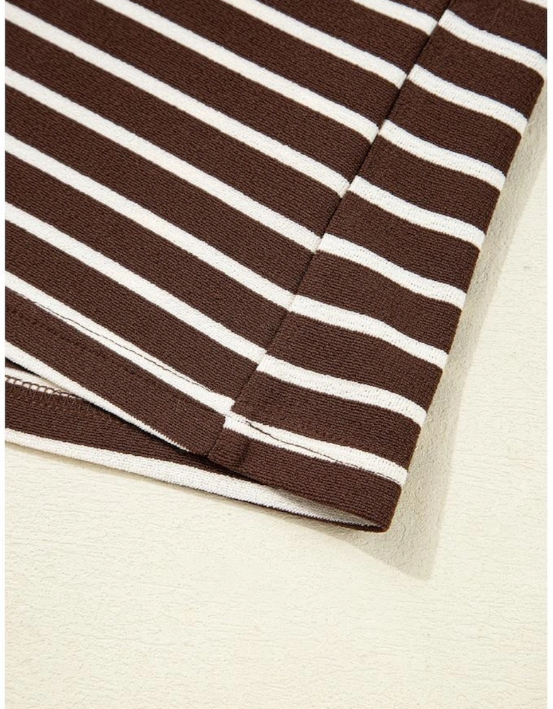 Brown Stripe Ribbed Cropped Crew Neck Long Sleeve T Shirt