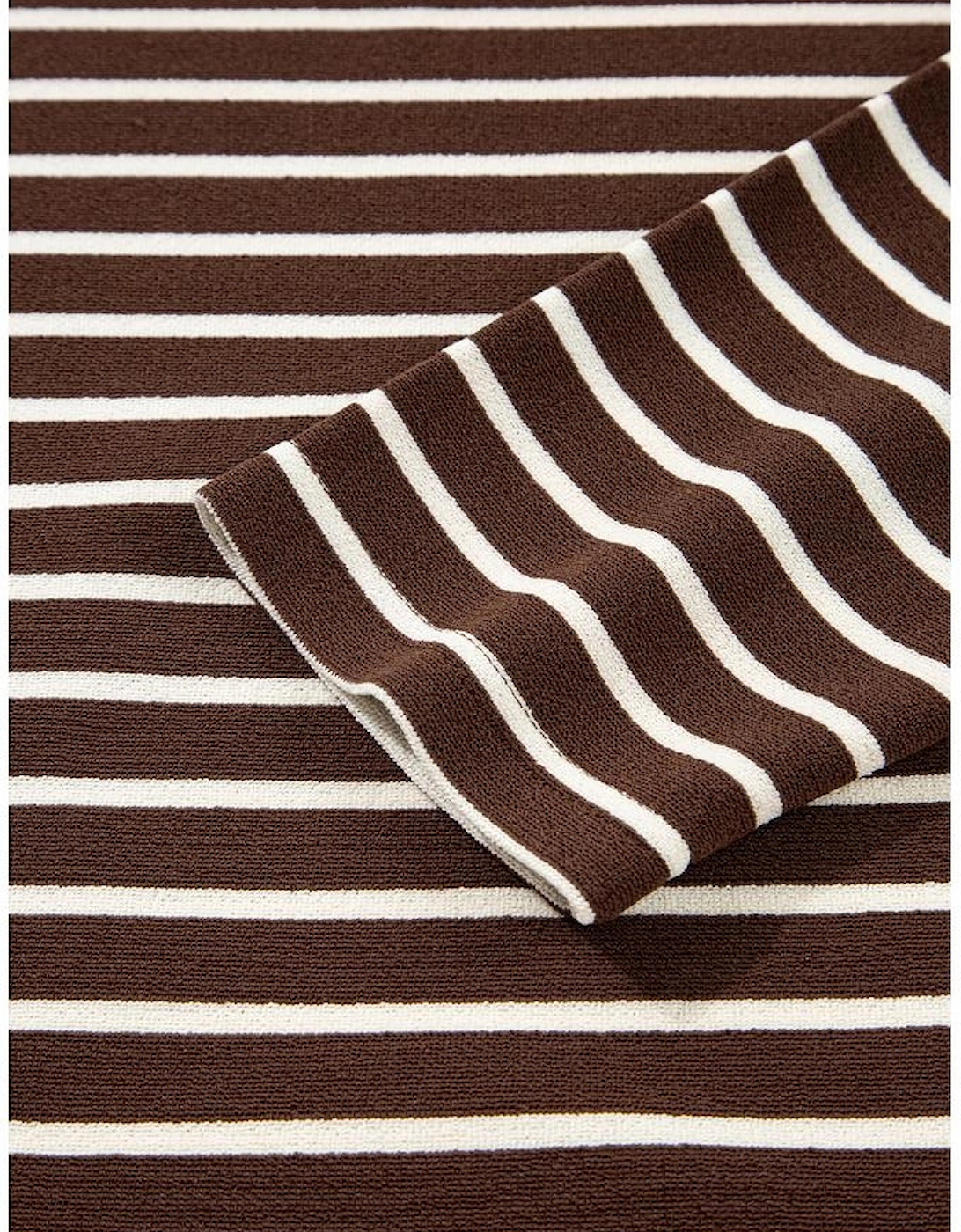 Brown Stripe Ribbed Cropped Crew Neck Long Sleeve T Shirt