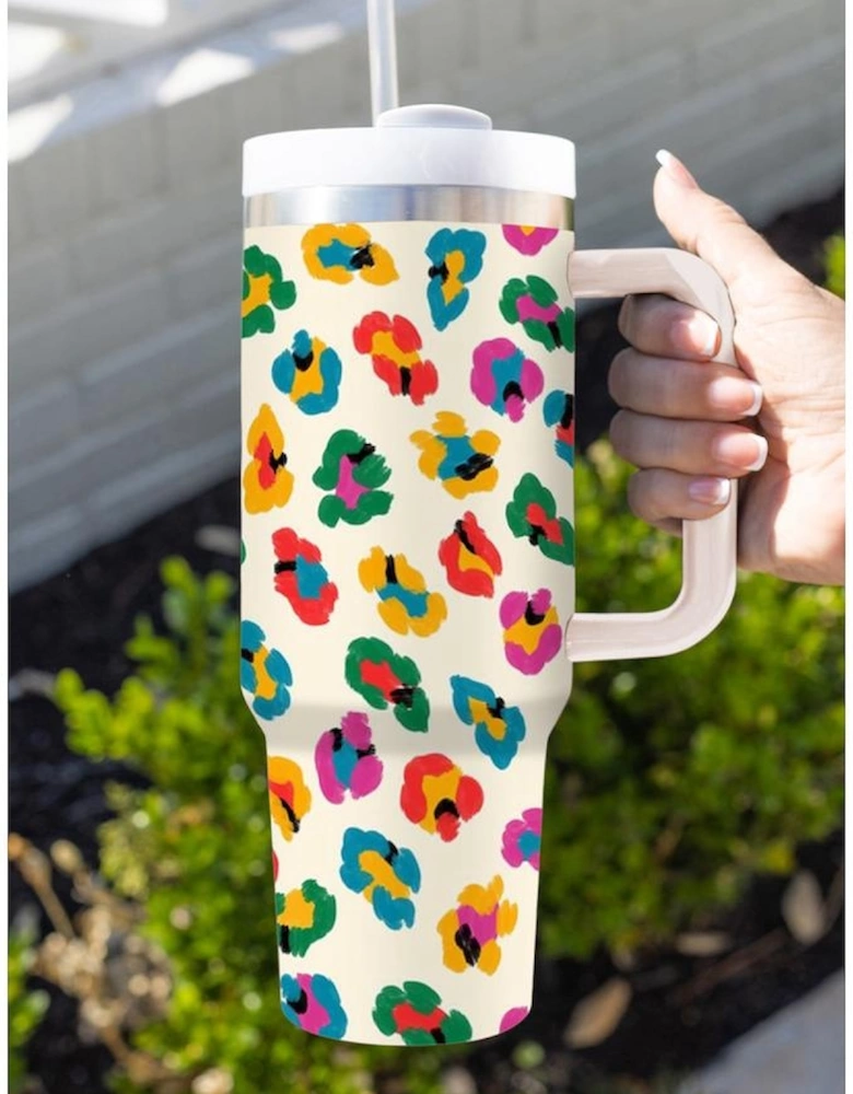 White Multi Color Leopard Print Handle Stainless Tumbler 40oz