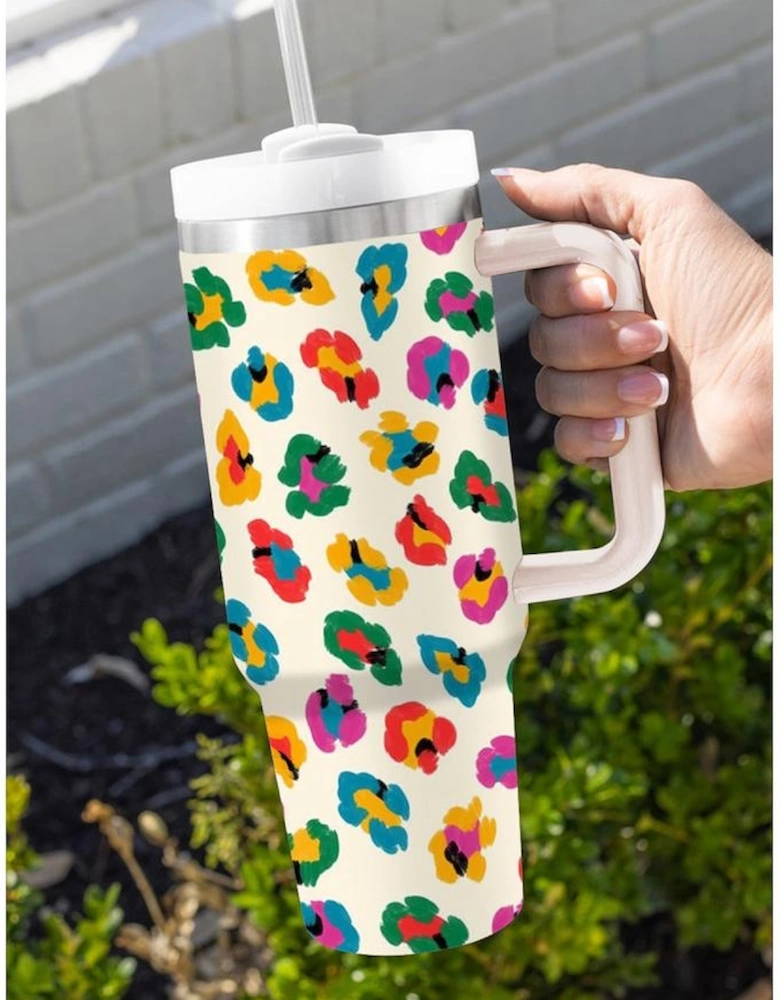 White Multi Color Leopard Print Handle Stainless Tumbler 40oz