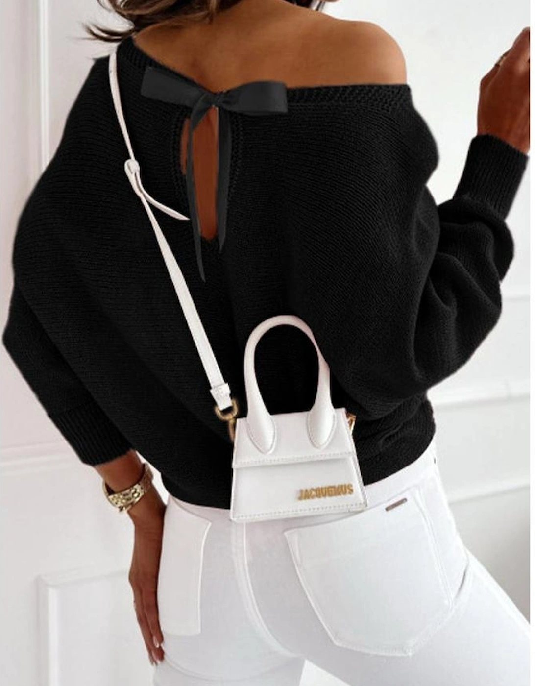 Black Ribbon Bow Knot Dolman Sleeve Sweater