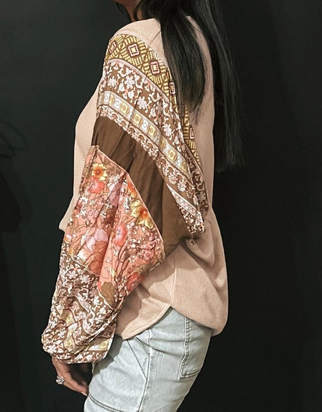 Parchment Contrast Floral Patchwork Puff Sleeve Waffle Knit Top