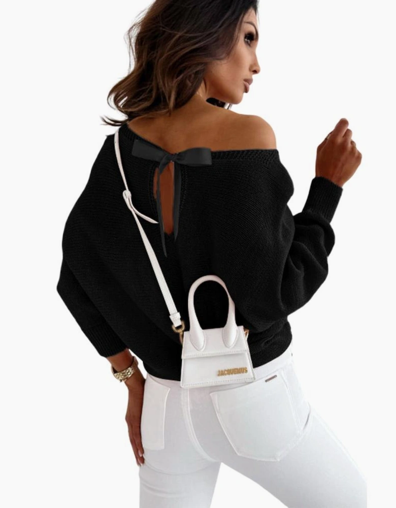 Black Ribbon Bow Knot Dolman Sleeve Sweater