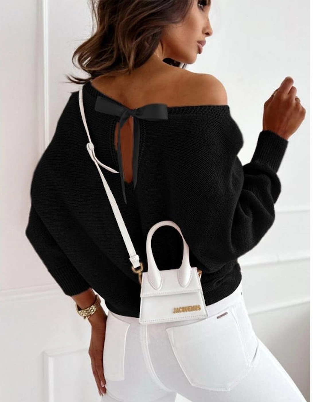 Black Ribbon Bow Knot Dolman Sleeve Sweater