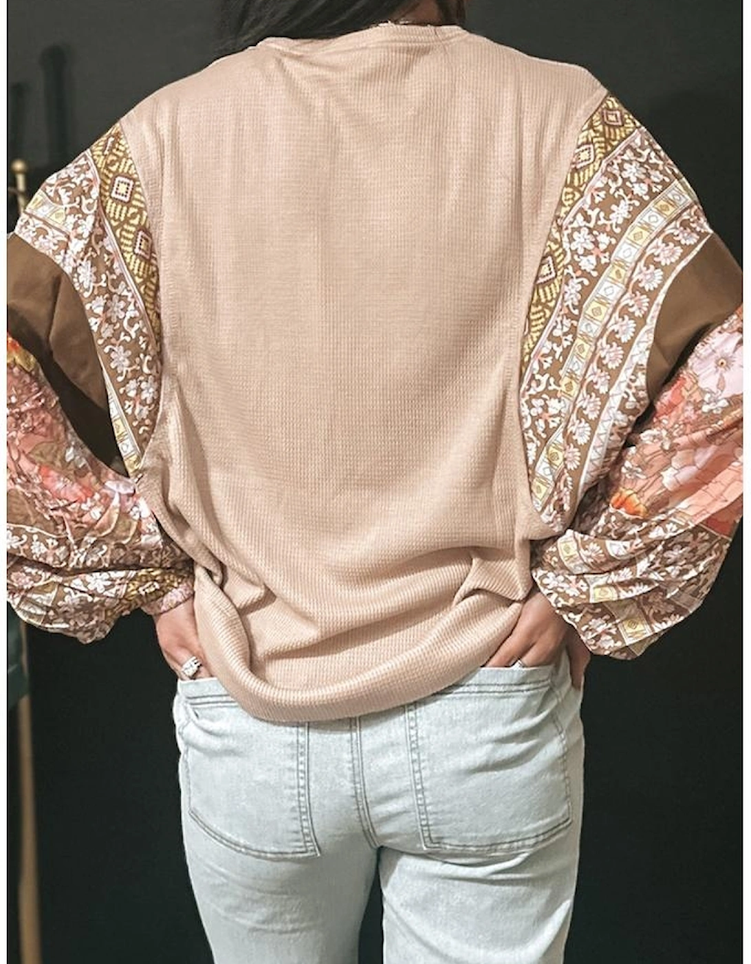 Parchment Contrast Floral Patchwork Puff Sleeve Waffle Knit Top