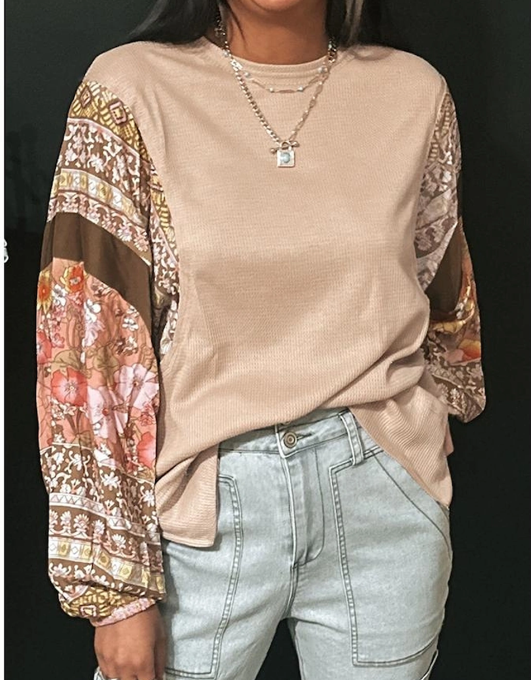 Parchment Contrast Floral Patchwork Puff Sleeve Waffle Knit Top