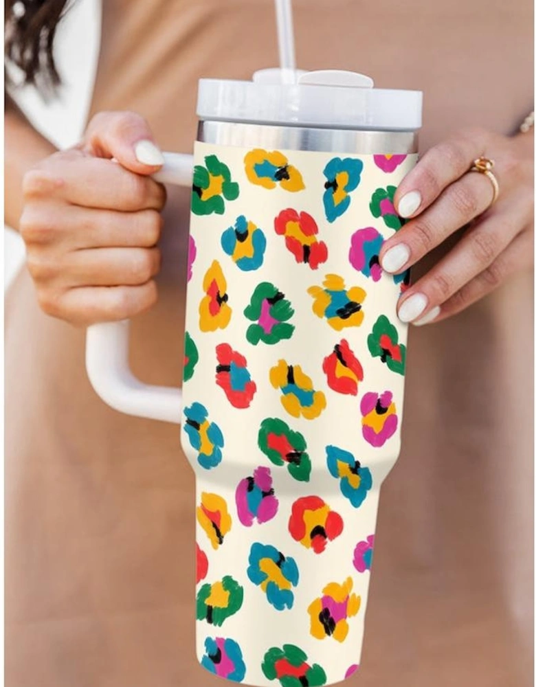White Multi Color Leopard Print Handle Stainless Tumbler 40oz