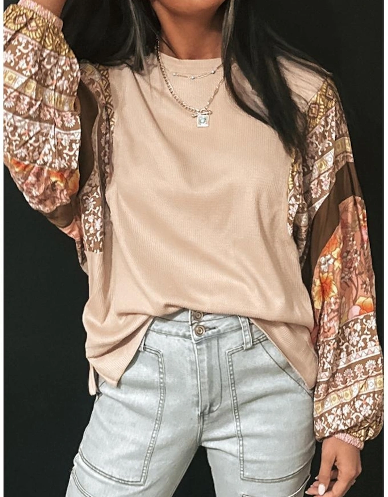 Parchment Contrast Floral Patchwork Puff Sleeve Waffle Knit Top