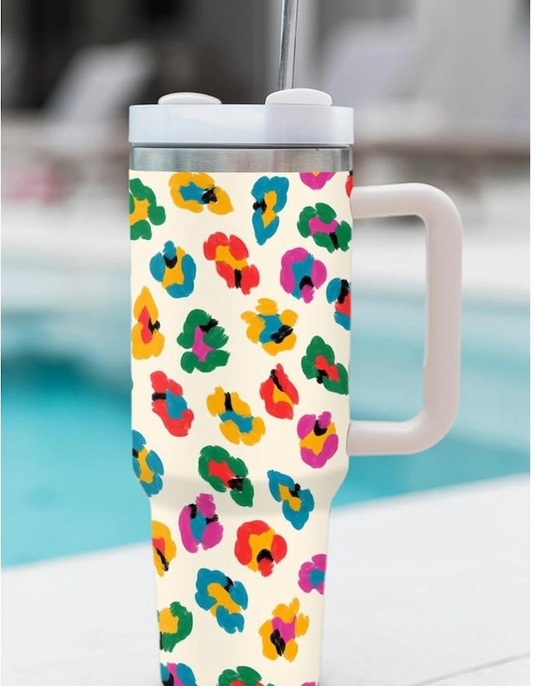 White Multi Color Leopard Print Handle Stainless Tumbler 40oz