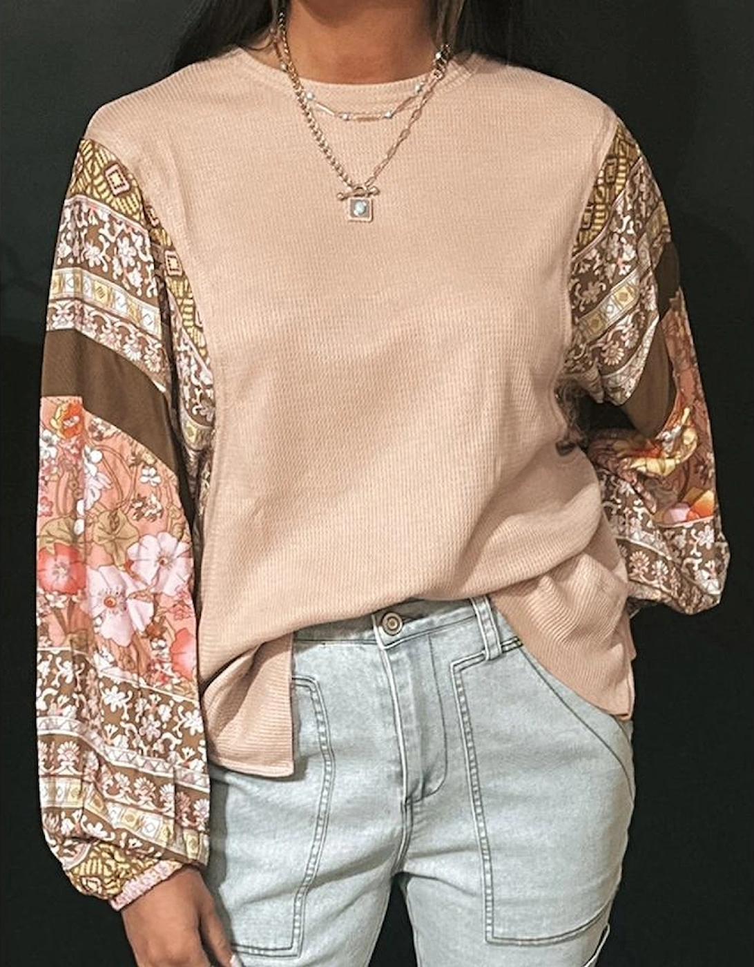 Parchment Contrast Floral Patchwork Puff Sleeve Waffle Knit Top