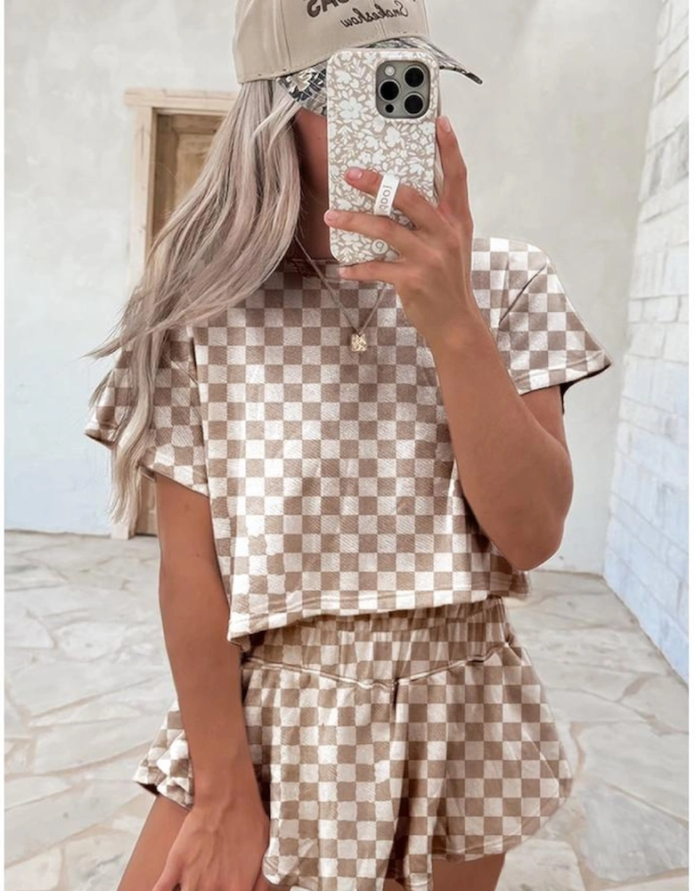 Brown Checkerboard T Shirt and High Waist Skorts 2 Piece Outfit