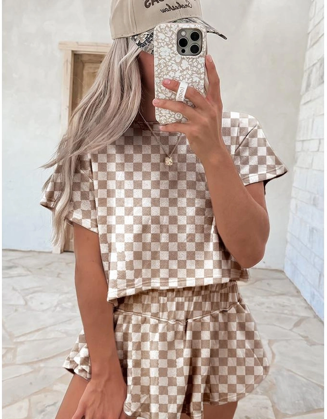 Brown Checkerboard T Shirt and High Waist Skorts 2 Piece Outfit, 11 of 10