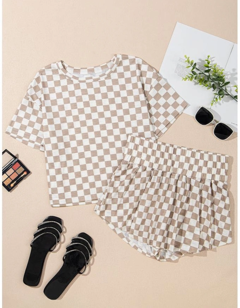 Brown Checkerboard T Shirt and High Waist Skorts 2 Piece Outfit