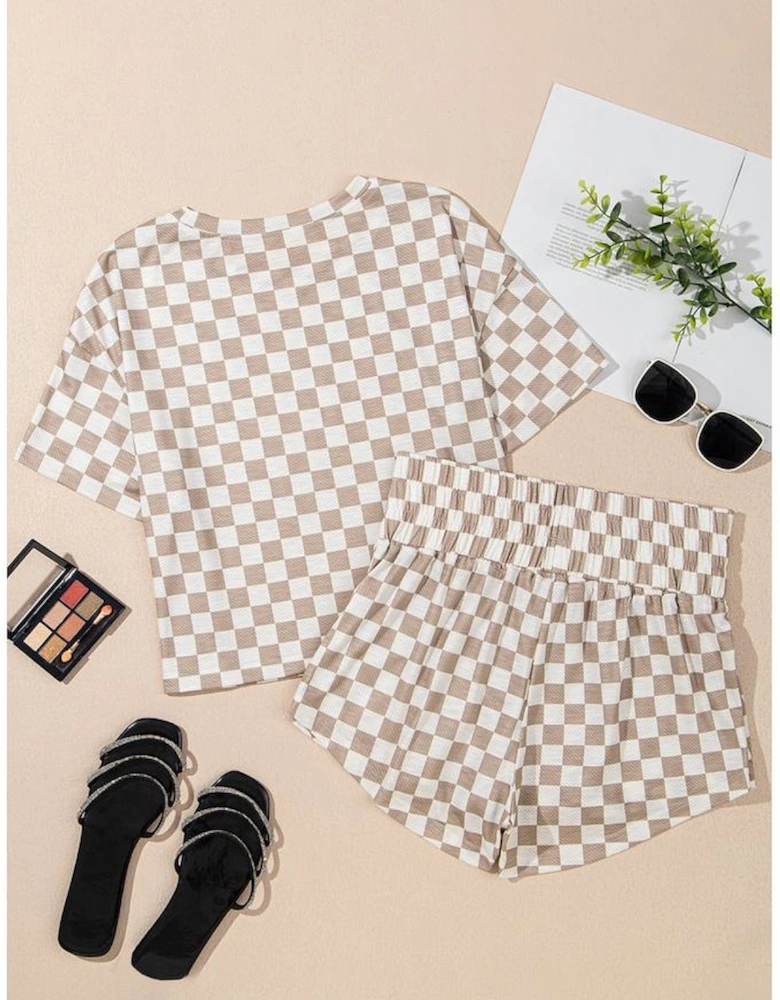 Brown Checkerboard T Shirt and High Waist Skorts 2 Piece Outfit