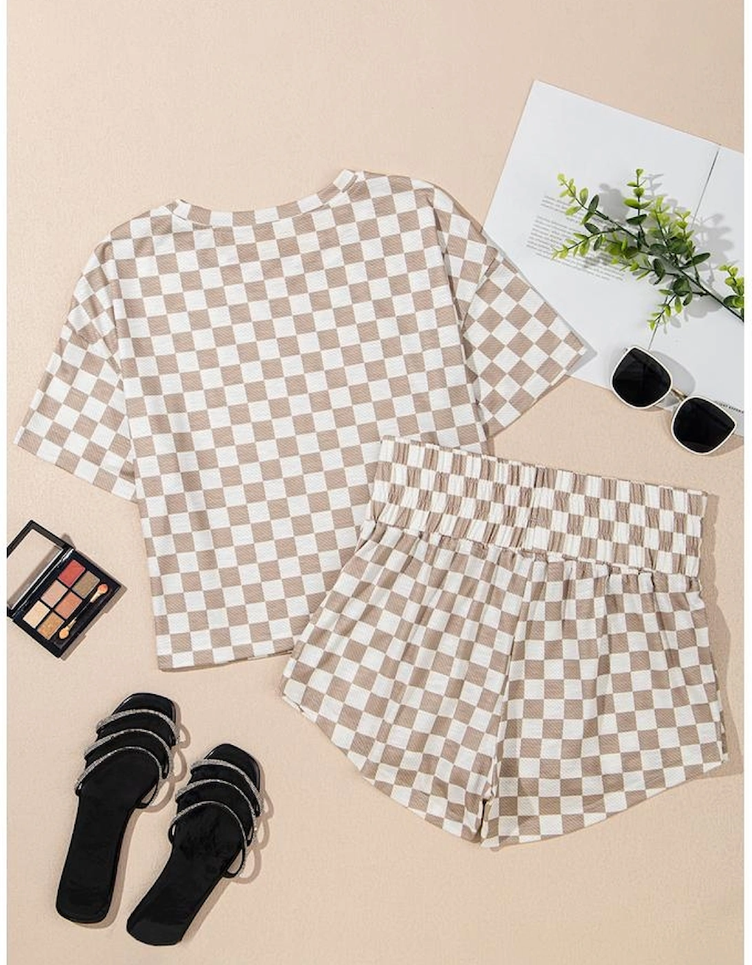 Brown Checkerboard T Shirt and High Waist Skorts 2 Piece Outfit
