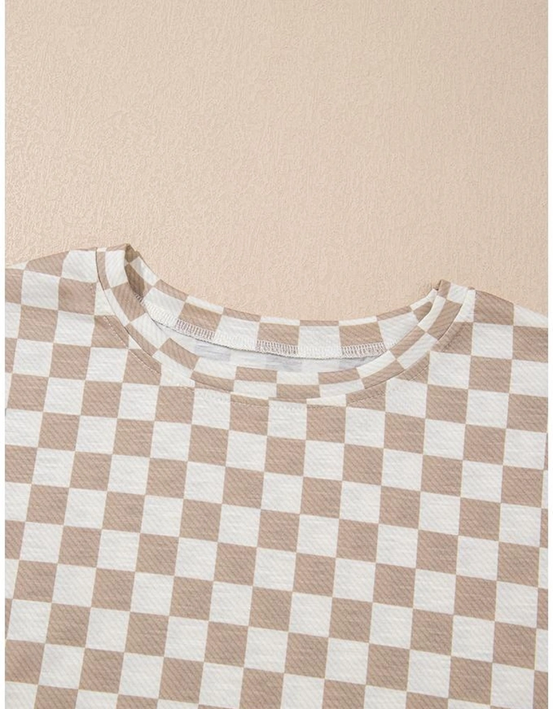 Brown Checkerboard T Shirt and High Waist Skorts 2 Piece Outfit