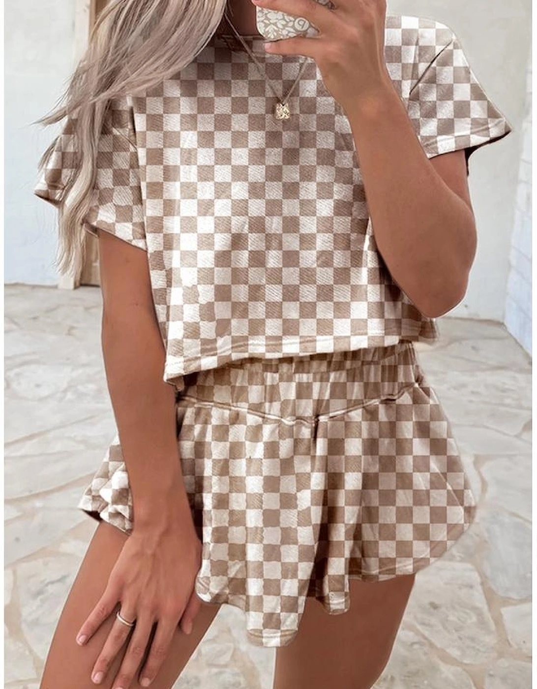 Brown Checkerboard T Shirt and High Waist Skorts 2 Piece Outfit