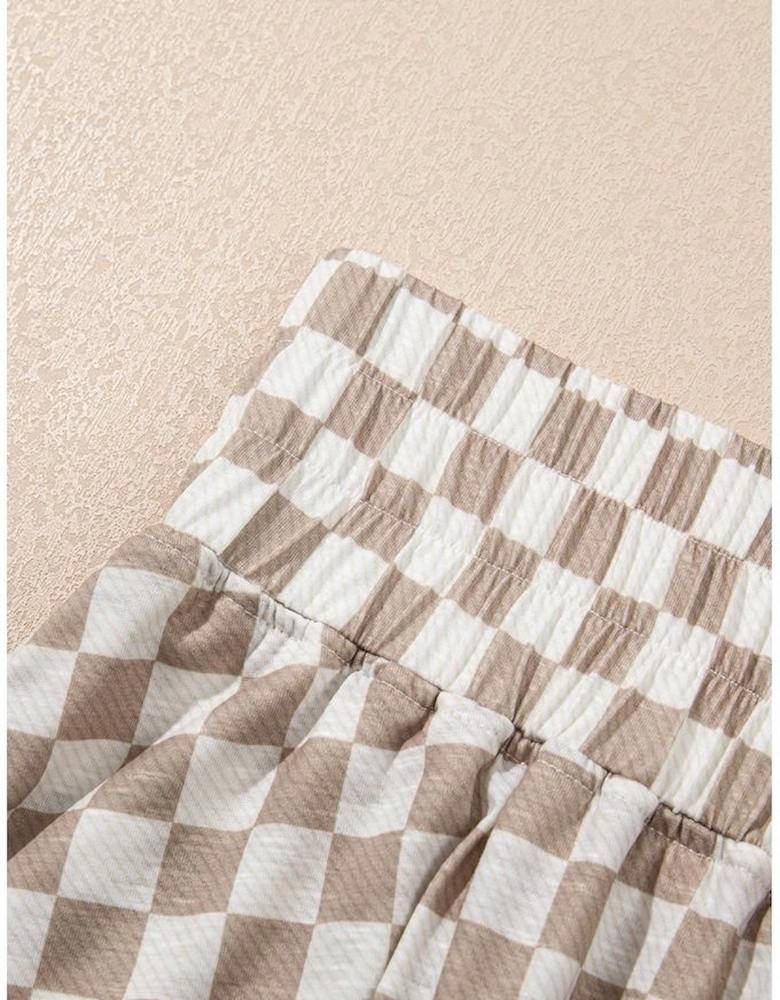 Brown Checkerboard T Shirt and High Waist Skorts 2 Piece Outfit