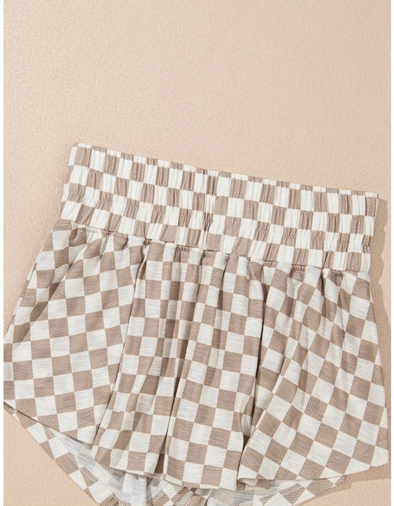 Brown Checkerboard T Shirt and High Waist Skorts 2 Piece Outfit