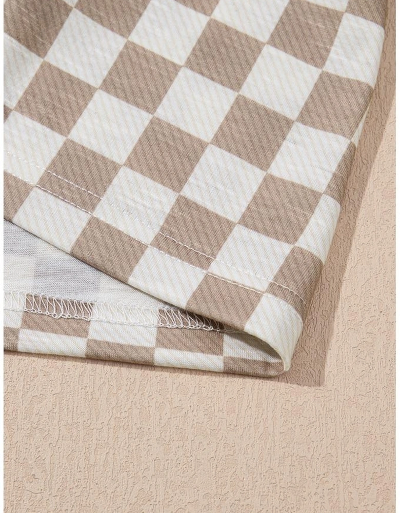 Brown Checkerboard T Shirt and High Waist Skorts 2 Piece Outfit