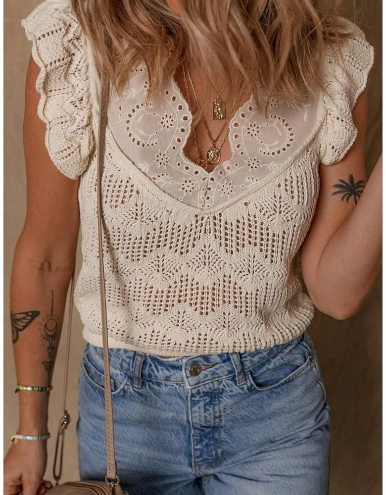 Beige Embroidered Patchwork Hollow Out Knitted Ruffle Sweater Vest