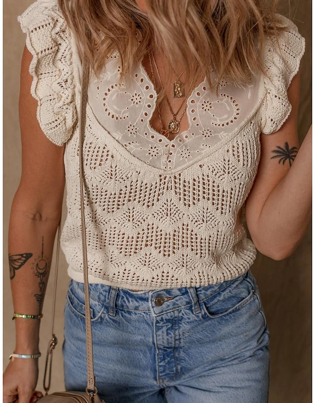 Beige Embroidered Patchwork Hollow Out Knitted Ruffle Sweater Vest