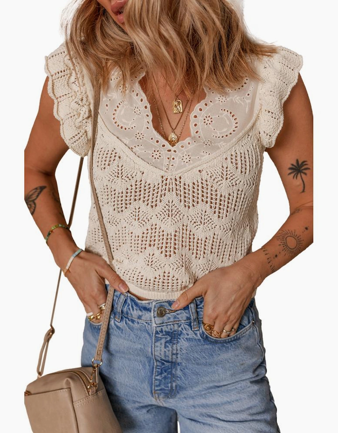 Beige Embroidered Patchwork Hollow Out Knitted Ruffle Sweater Vest