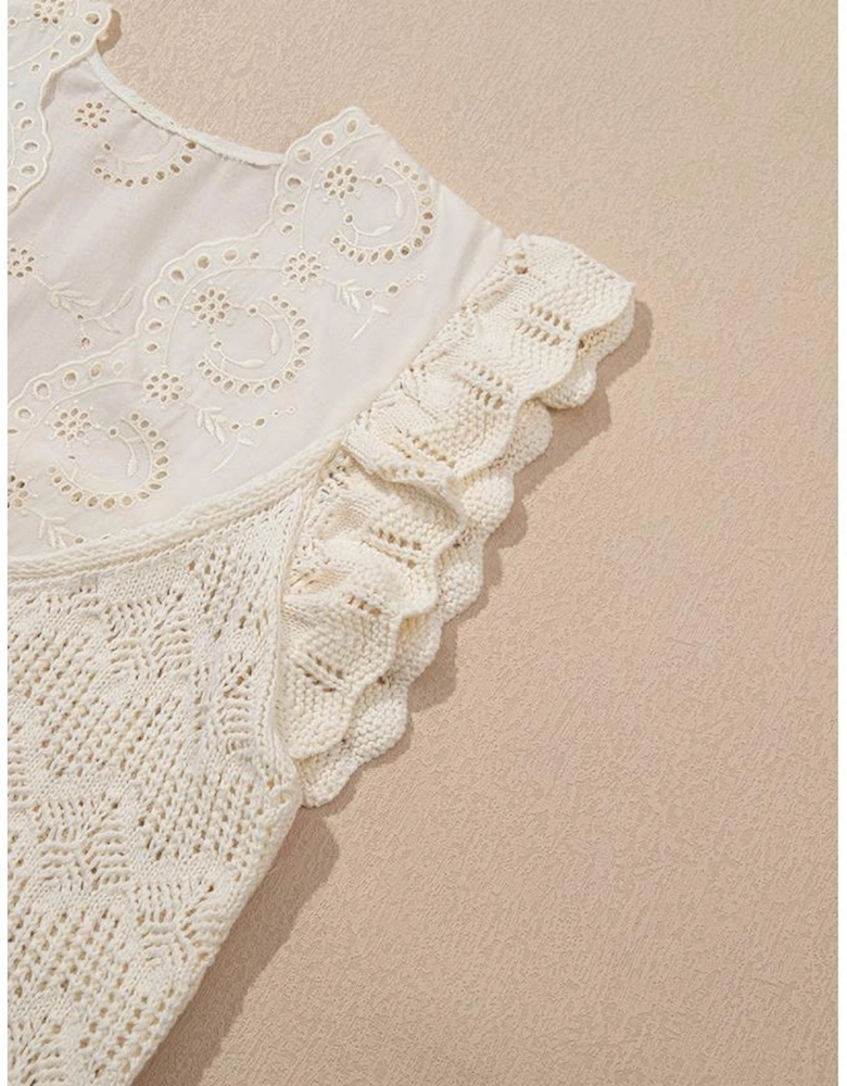 Beige Embroidered Patchwork Hollow Out Knitted Ruffle Sweater Vest