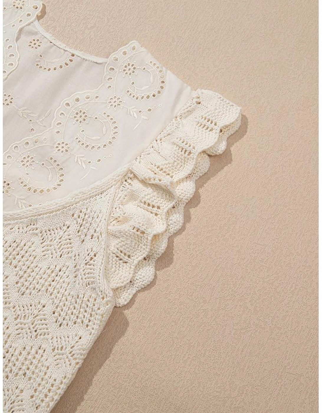 Beige Embroidered Patchwork Hollow Out Knitted Ruffle Sweater Vest