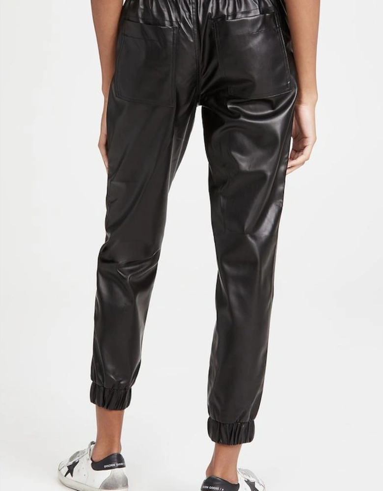 Black Faux Leather Ankle Smocked Waist Drawstring Joggers