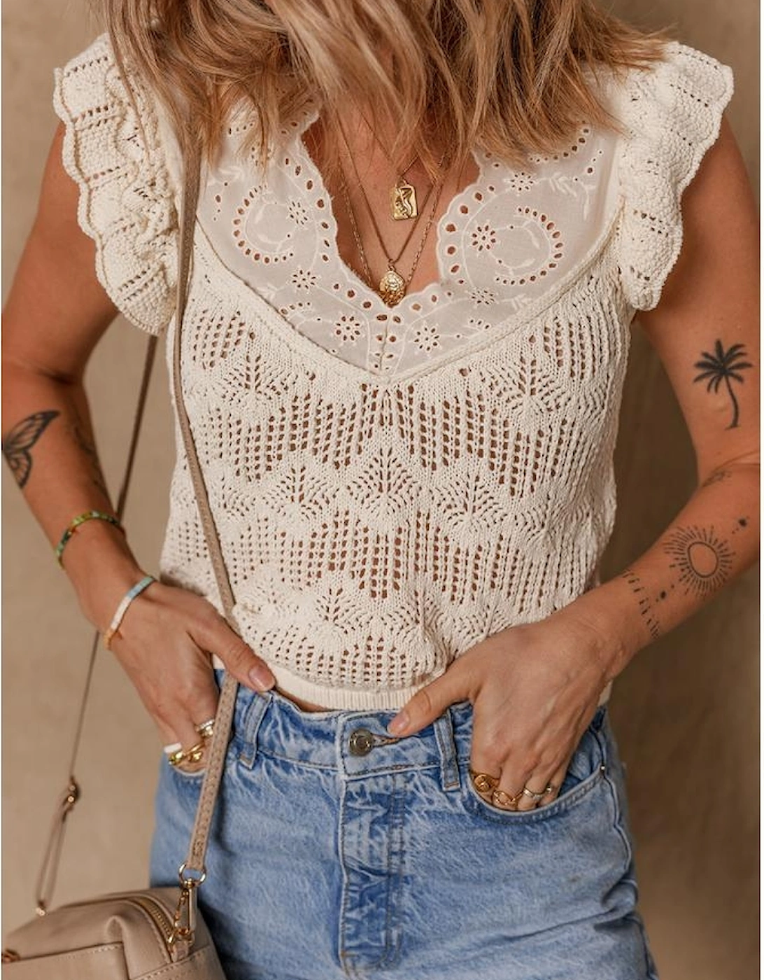 Beige Embroidered Patchwork Hollow Out Knitted Ruffle Sweater Vest