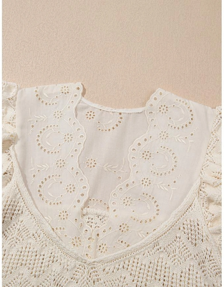 Beige Embroidered Patchwork Hollow Out Knitted Ruffle Sweater Vest