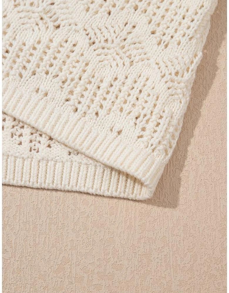 Beige Embroidered Patchwork Hollow Out Knitted Ruffle Sweater Vest