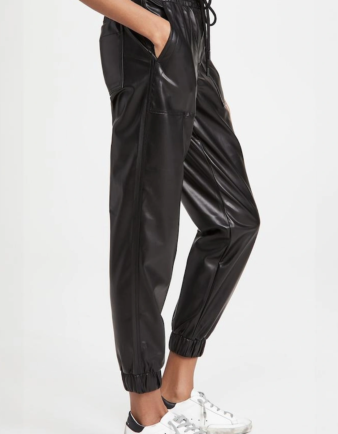 Black Faux Leather Ankle Smocked Waist Drawstring Joggers, 12 of 11