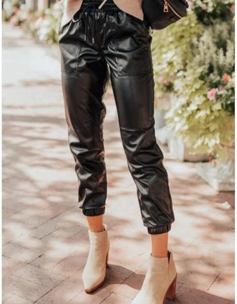 Black Faux Leather Ankle Smocked Waist Drawstring Joggers