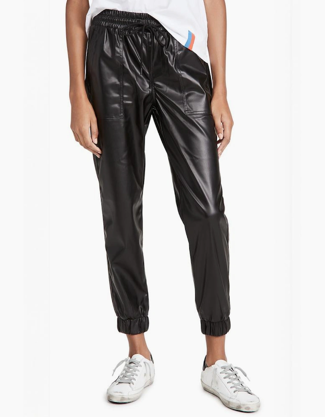 Black Faux Leather Ankle Smocked Waist Drawstring Joggers