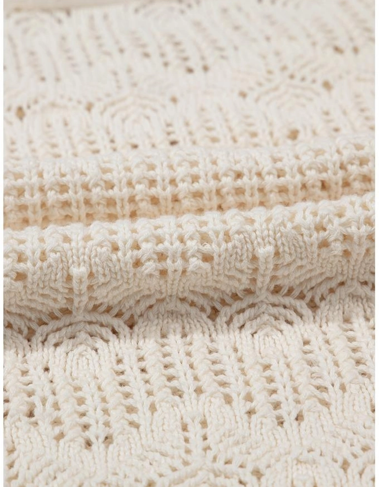 Beige Embroidered Patchwork Hollow Out Knitted Ruffle Sweater Vest