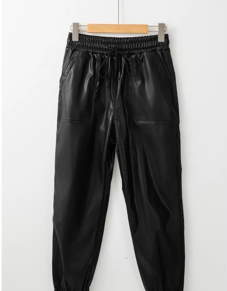 Black Faux Leather Ankle Smocked Waist Drawstring Joggers