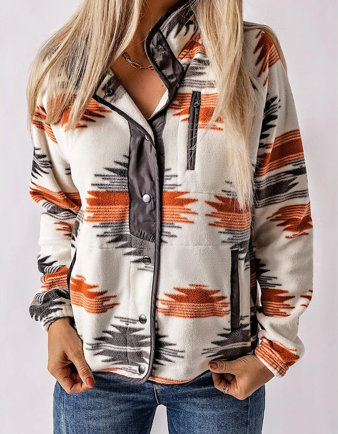 Gray Western Aztec Snap Buttoned Fleece Jacket