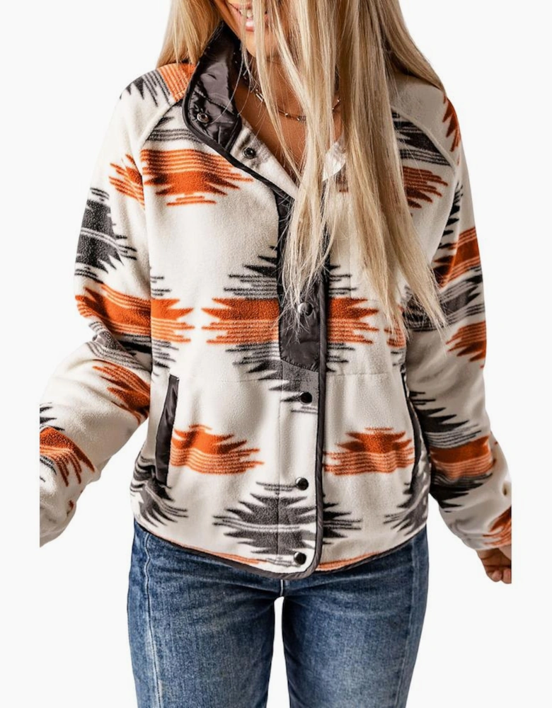 Gray Western Aztec Snap Buttoned Fleece Jacket