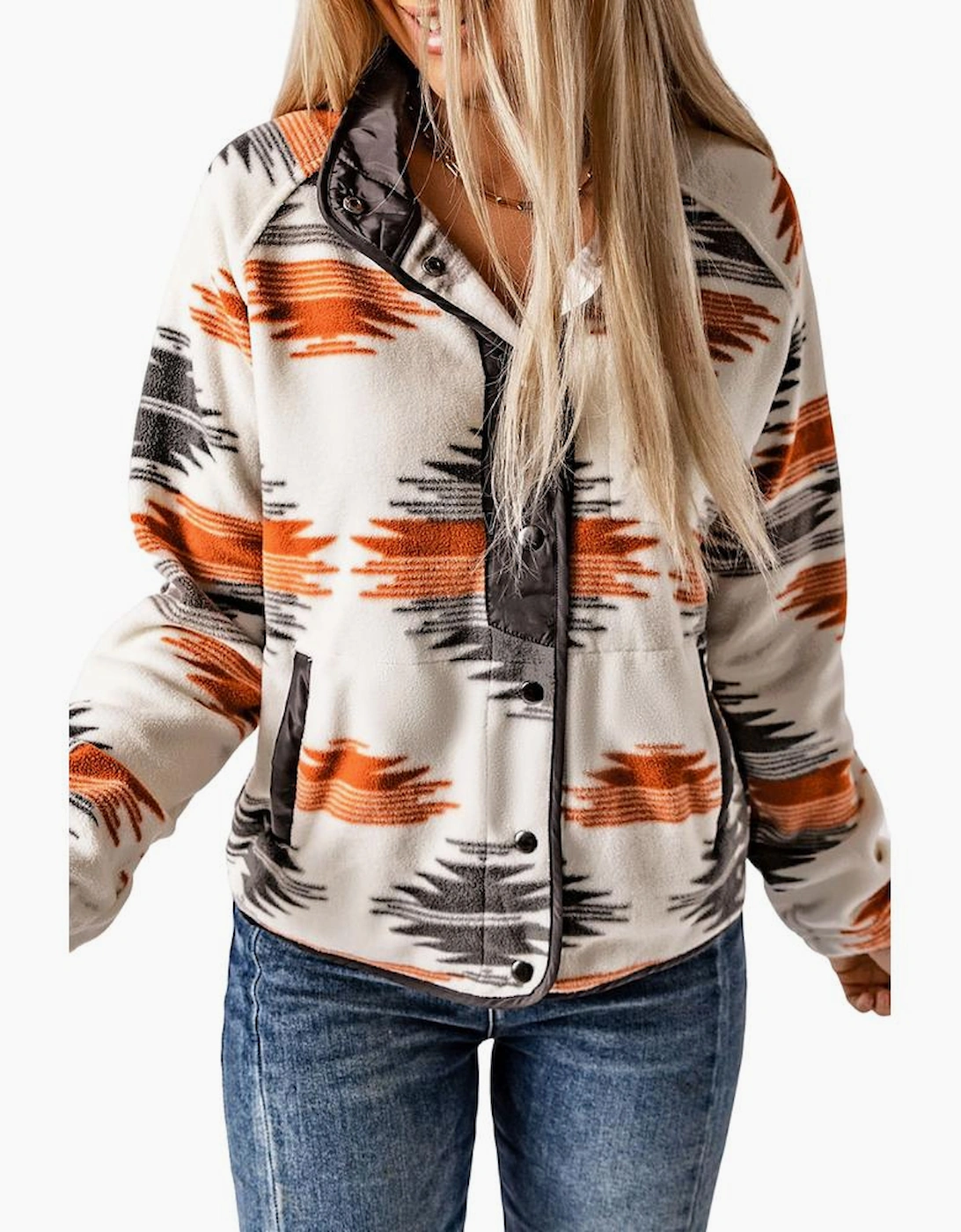 Gray Western Aztec Snap Buttoned Fleece Jacket