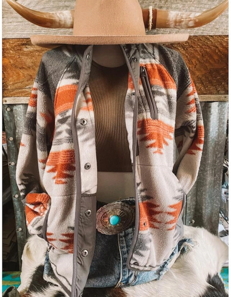 Gray Western Aztec Snap Buttoned Fleece Jacket