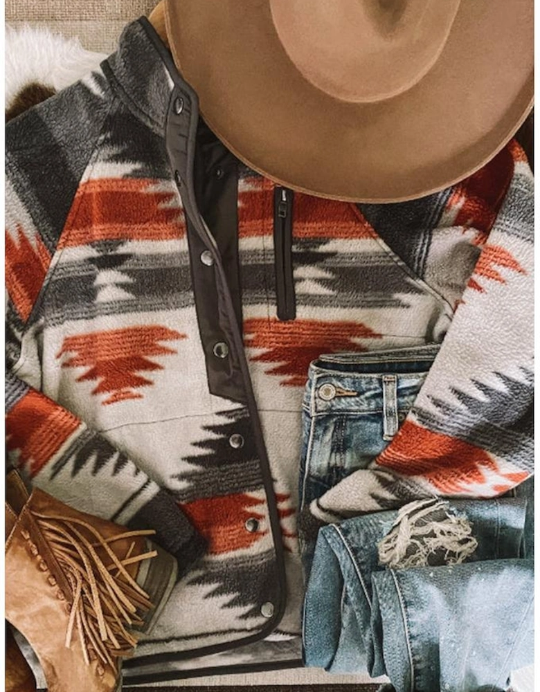Gray Western Aztec Snap Buttoned Fleece Jacket