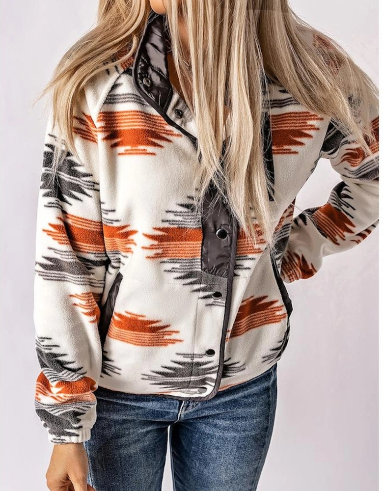 Gray Western Aztec Snap Buttoned Fleece Jacket