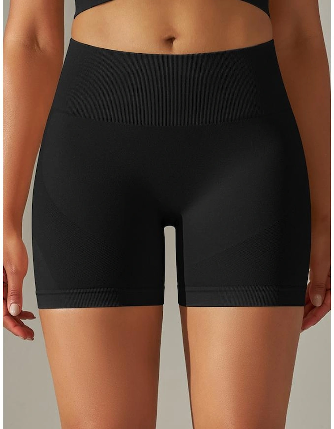 Black Solid Color High Waist Tummy Control Active Shorts, 6 of 5