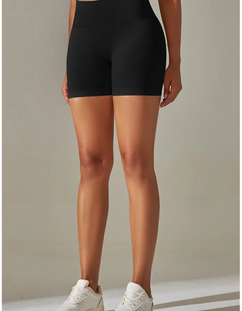 Black Solid Color High Waist Tummy Control Active Shorts