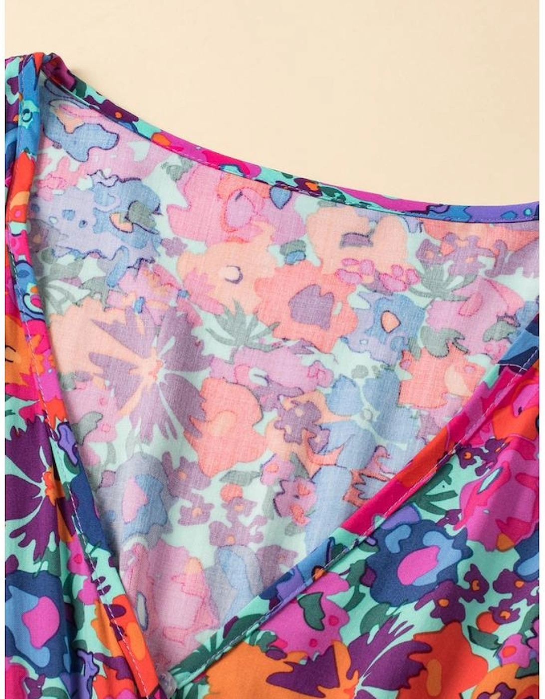 Blue Floral Print V Neck Wrap Split Maxi Dress