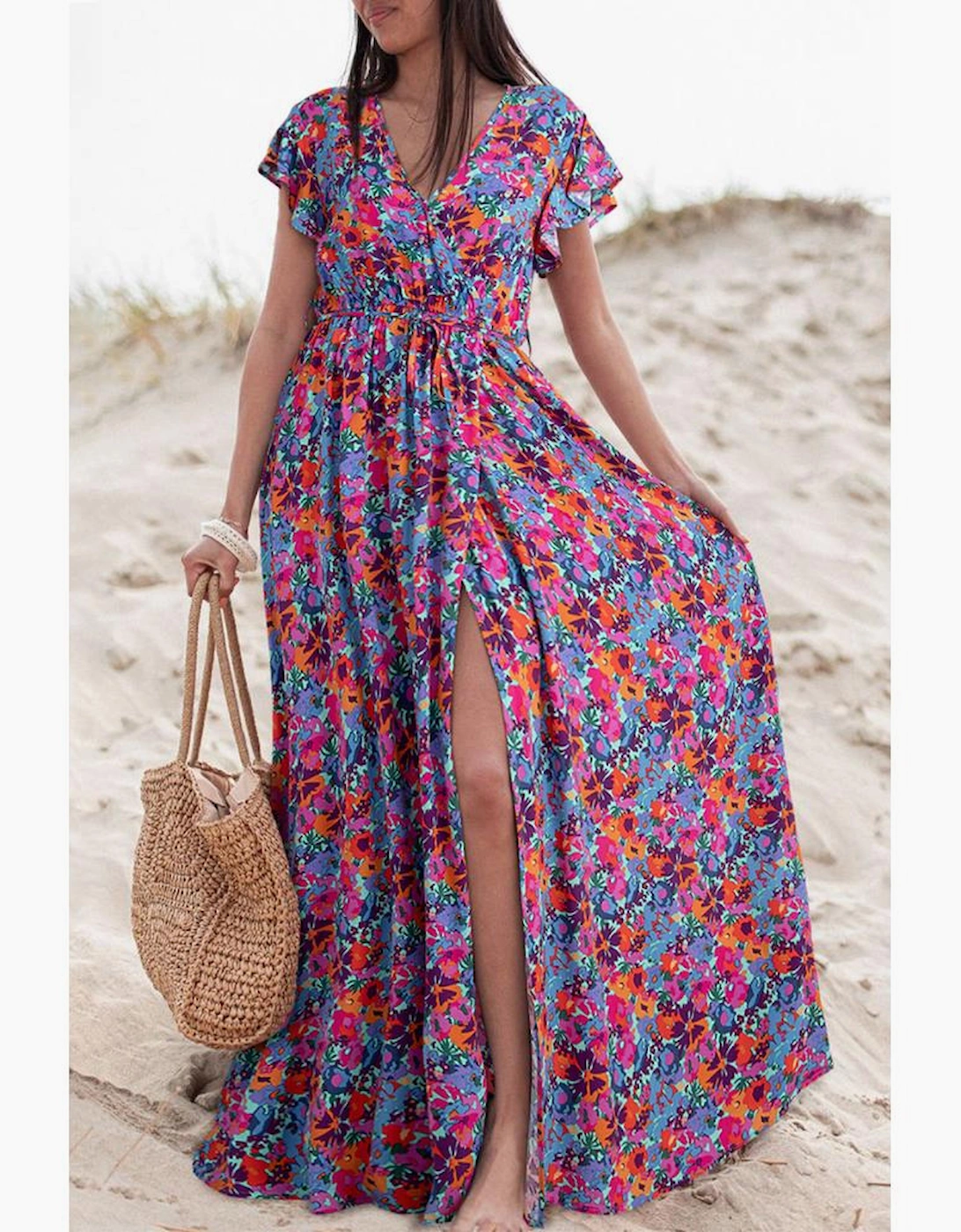 Blue Floral Print V Neck Wrap Split Maxi Dress